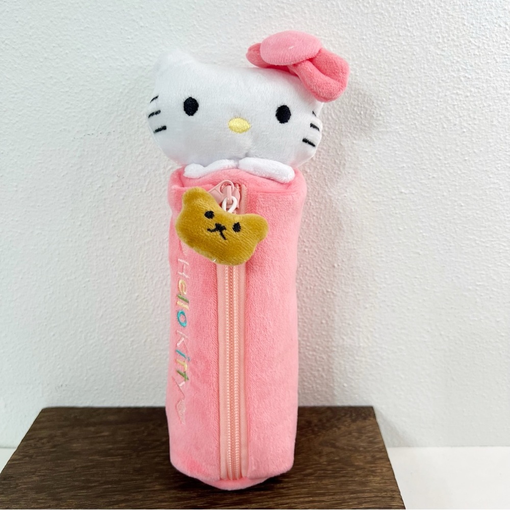 Hello Kitty Plush Pencil Case – Pink Soft Zipper Pouch with Bear Charm
